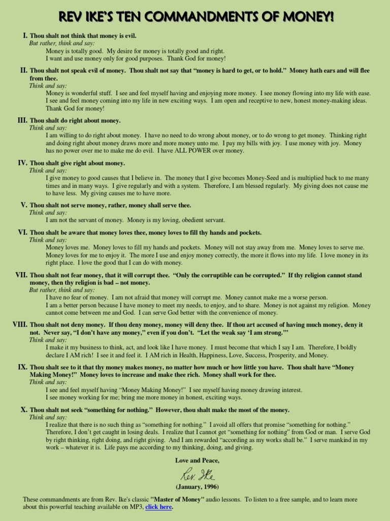10 Commandments of Money by Rev Ike